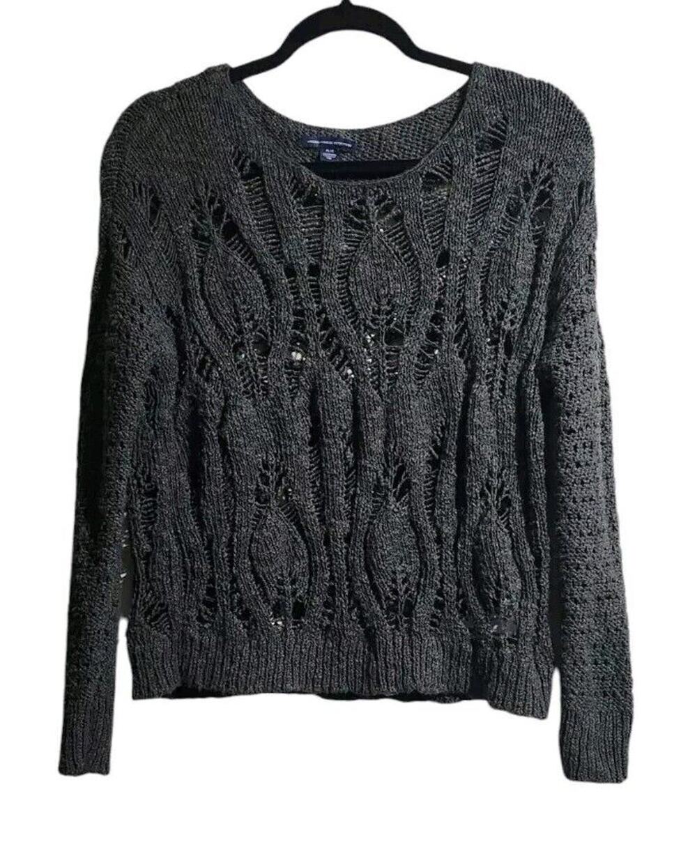 American Eagle Boxy Cropped Loose Open Knit Sweater M Olive Green Preppy Casual